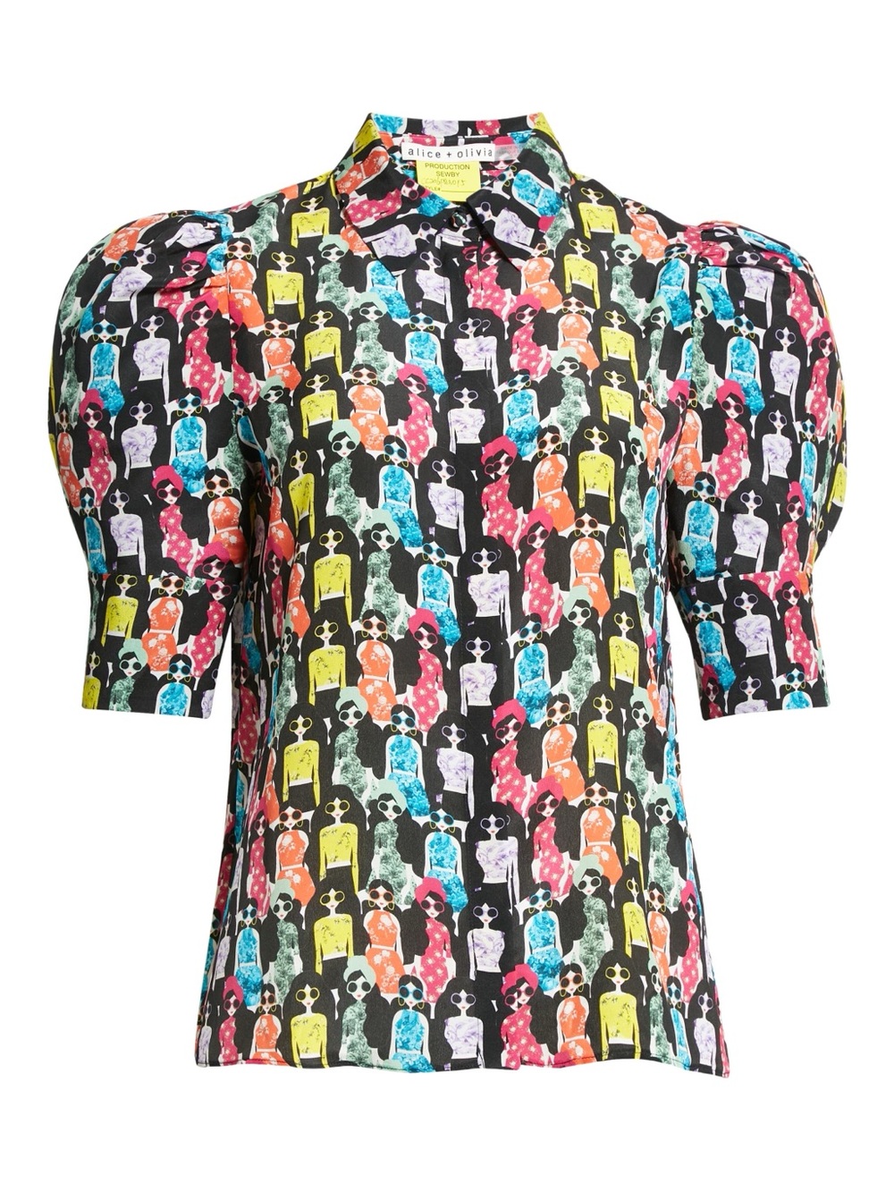 Alice + Olivia Black Multi-Color Printed Puff-Sleeve Button-Down Shirt